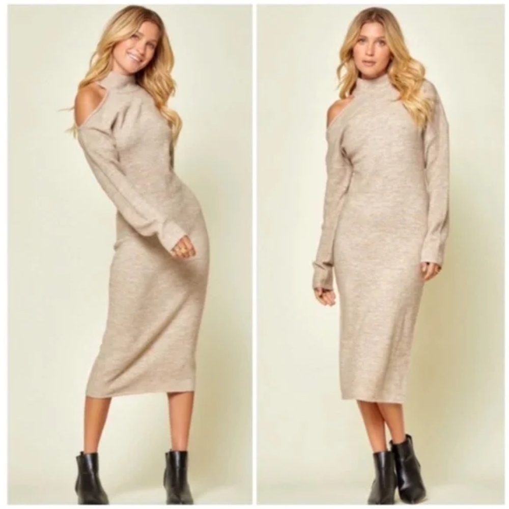 Oyster Cold Shoulder Knit Midi Sweater Stretchy Dress